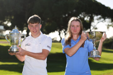 Charlie Rusbridge of England and Lauren Crump of England pose with their trophies following their victories at The Justin Rose Telegraph Junior Golf Championship Hosted by Quinta Do Lago Final 2025 (Photo by Jasper Wax / The Telegraph)