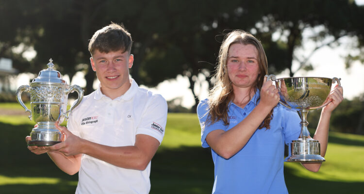 Charlie Rusbridge of England and Lauren Crump of England pose with their trophies following their victories at The Justin Rose Telegraph Junior Golf Championship Hosted by Quinta Do Lago Final 2025 (Photo by Jasper Wax / The Telegraph)