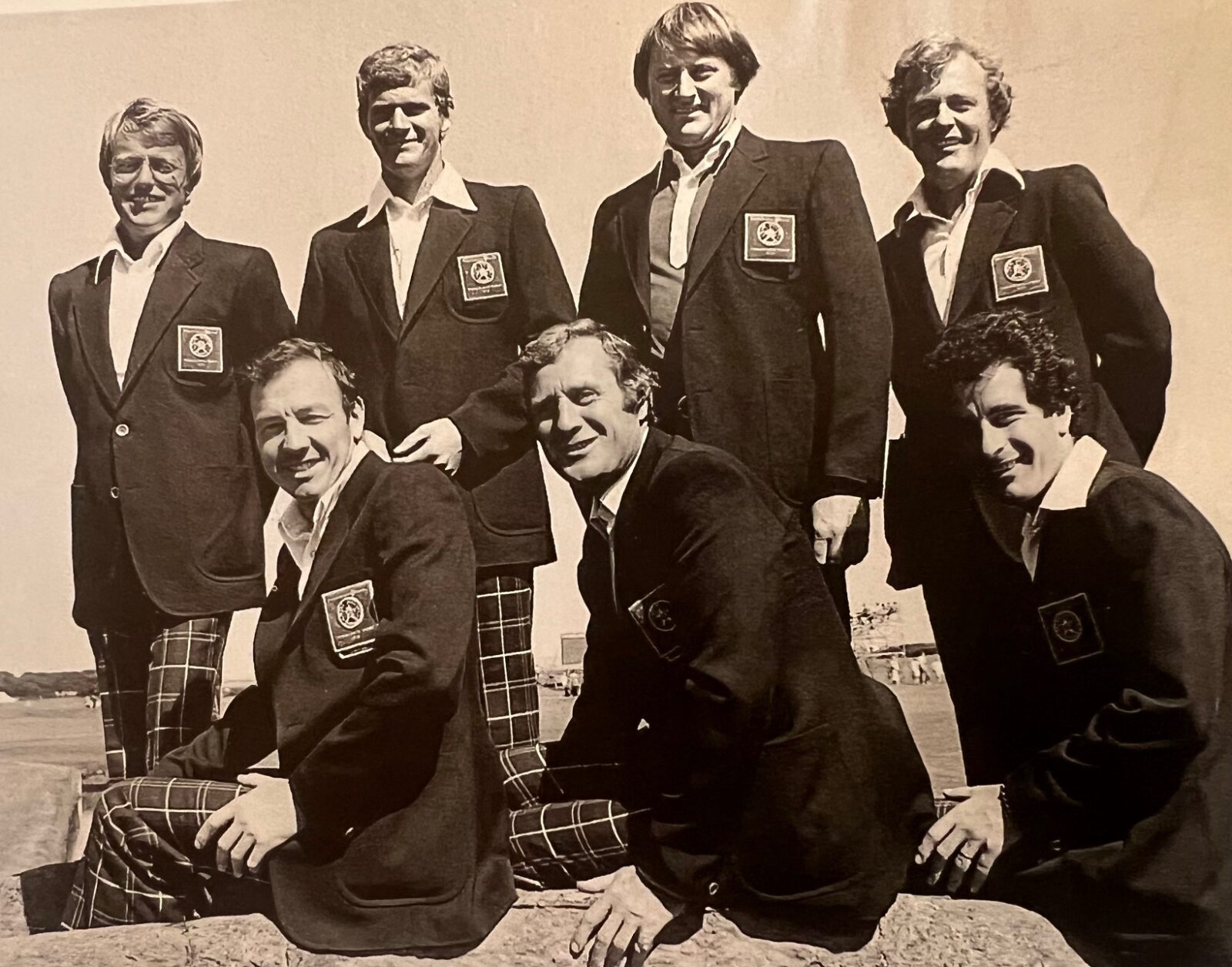 Derrick Pillage with some of his players, Top Left to Right Malcolm Gregson, Sandy Lyle, Brian Barnes, Carl Mason.Bottom: Tommy Horton, Derrick Pillage and Sam Torrance