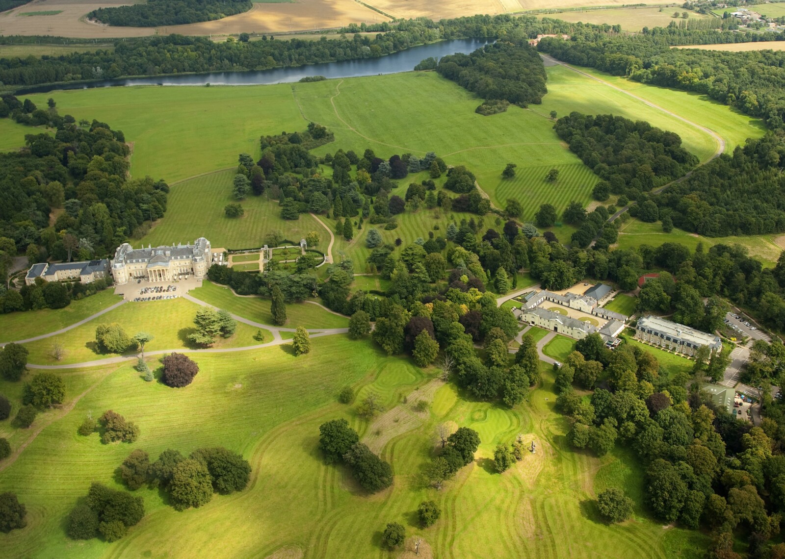 AERIAL SHOT OF LUTON HOO, WHICH SHOWS WHERE THE SIGNATURE HOLES WILL BE LOCATED BY THE LAKE OF THE NEW RYDER CUP COURSE
